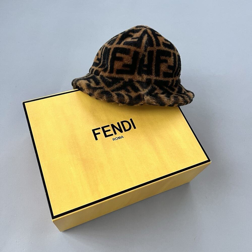 Fendi Zucca Shearling Bucket Hat With Box
